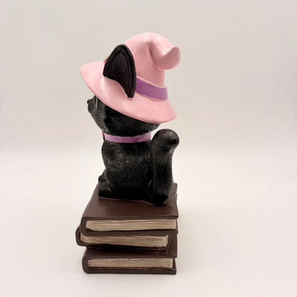 Halloween Black Cat Witch Figurine on Spell Books Pink Hat Spooky Cute Decor